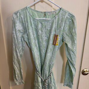 Roller Rabbit Mint Green Lace Dress Long Sleeve Tie Waist Size XXS